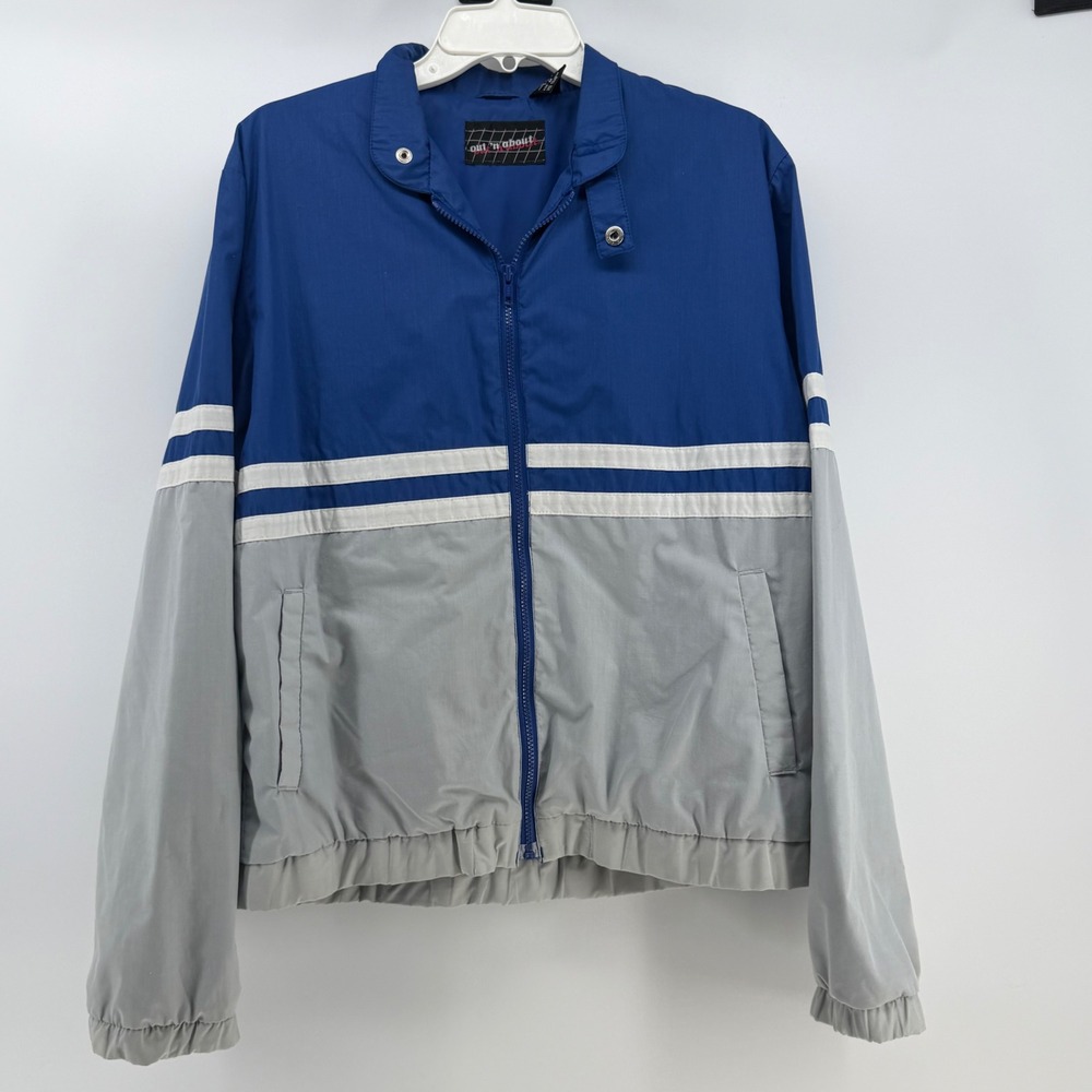 Out n About Windbreaker Jacket Men Medium Blue Grey Colorblock VTG Retro Striped